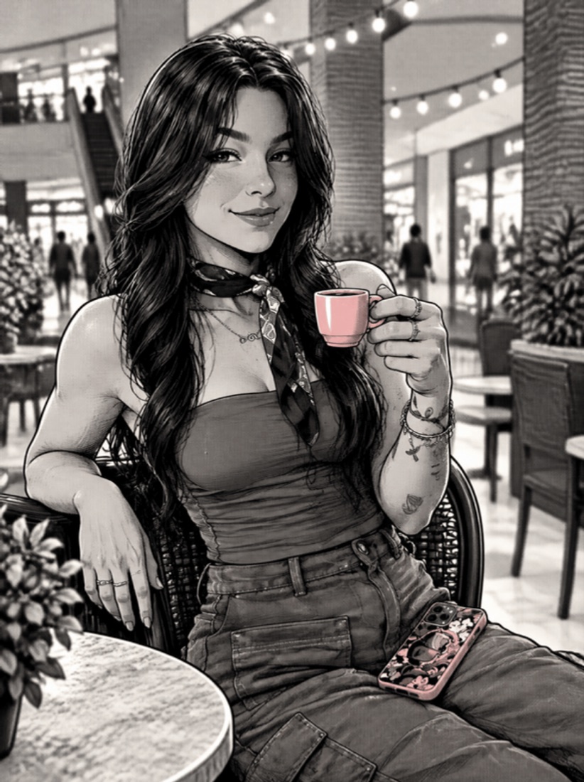Ilustração da Carol num café, sorrindo com uma xícara de espresso