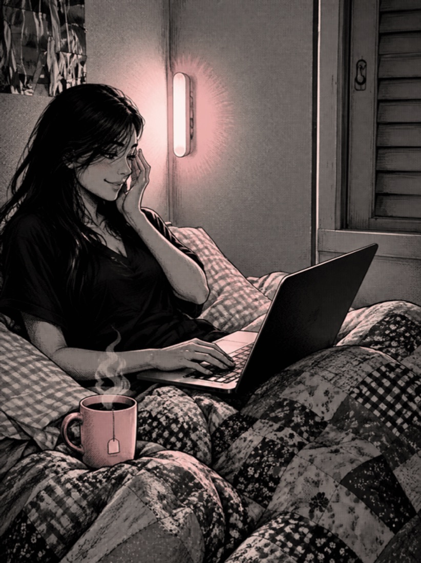 Ilustração da Carol na cama com o notebook e uma xícara de chá, cena do Reel da Twinings