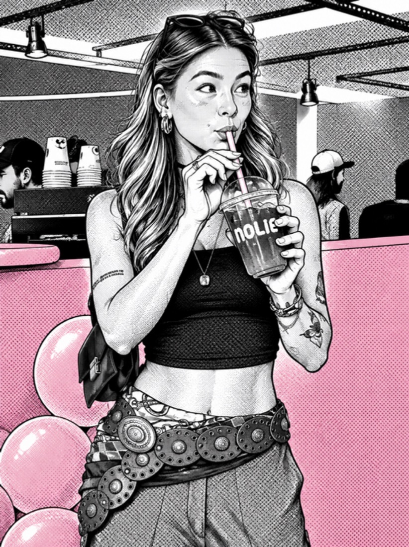 Ilustração da Carol tomando um drink da Nolie, com a logo no copo