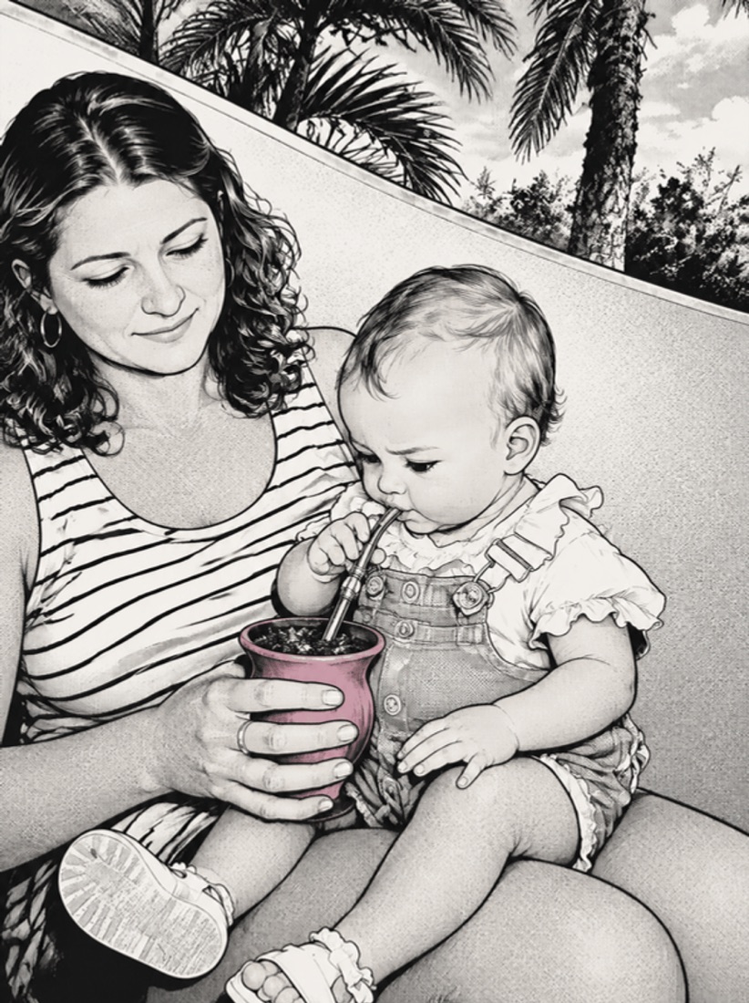 Ilustração da Carol bebê tomando chimarrão no colo da tia