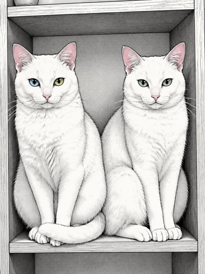 Ilustração das gatas brancas Chloé, de um olho azul e outro verde, e Yves