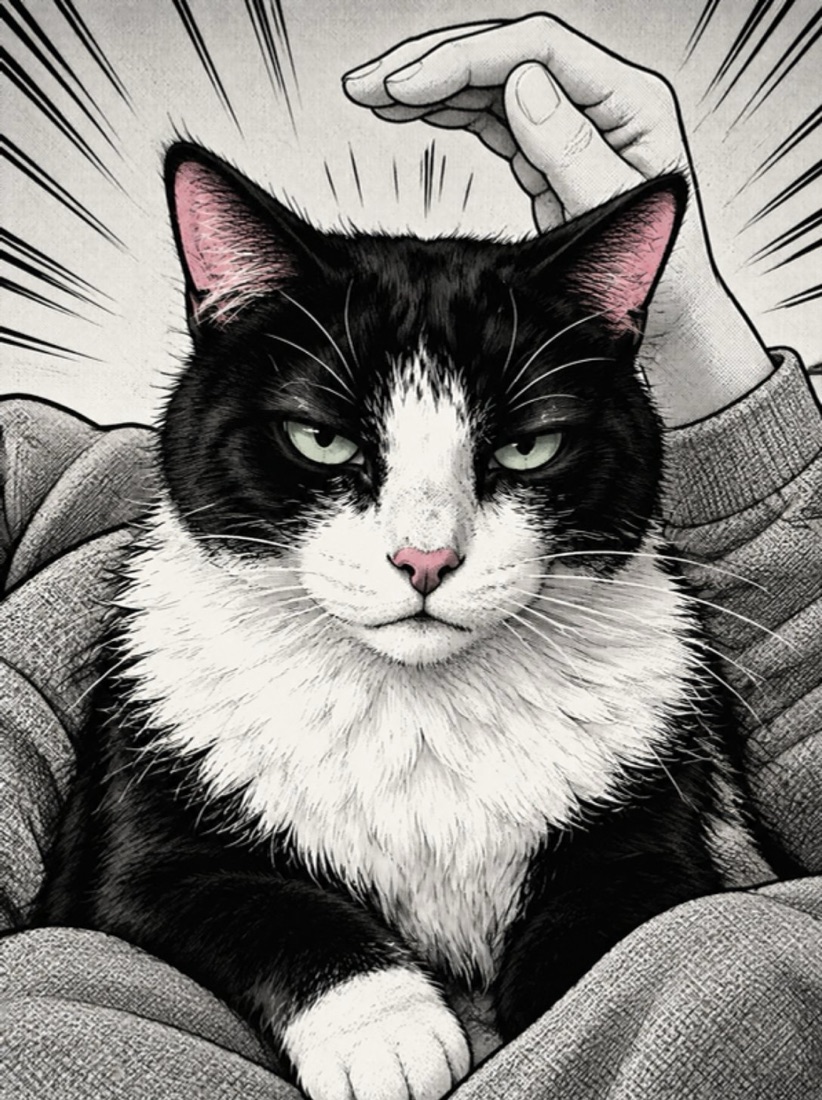 Ilustração do Urso, gato preto e branco de cara emburrada